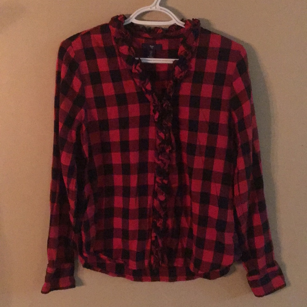 GAP Buffalo checker flannel blouse with ruffles